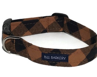 Brown and Black Buffalo Plaid Flannel Dog Collar for Small to Large Dogs