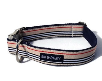 Navy and  Red Preppy Striped Webbing Dog Collar with Metal Hardware