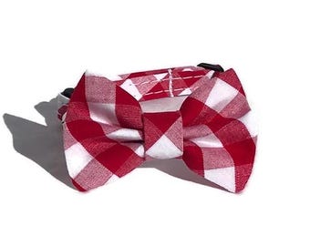 Red and White Gingham  Cat Bow Tie and Collar Set - Kitty Collar Set
