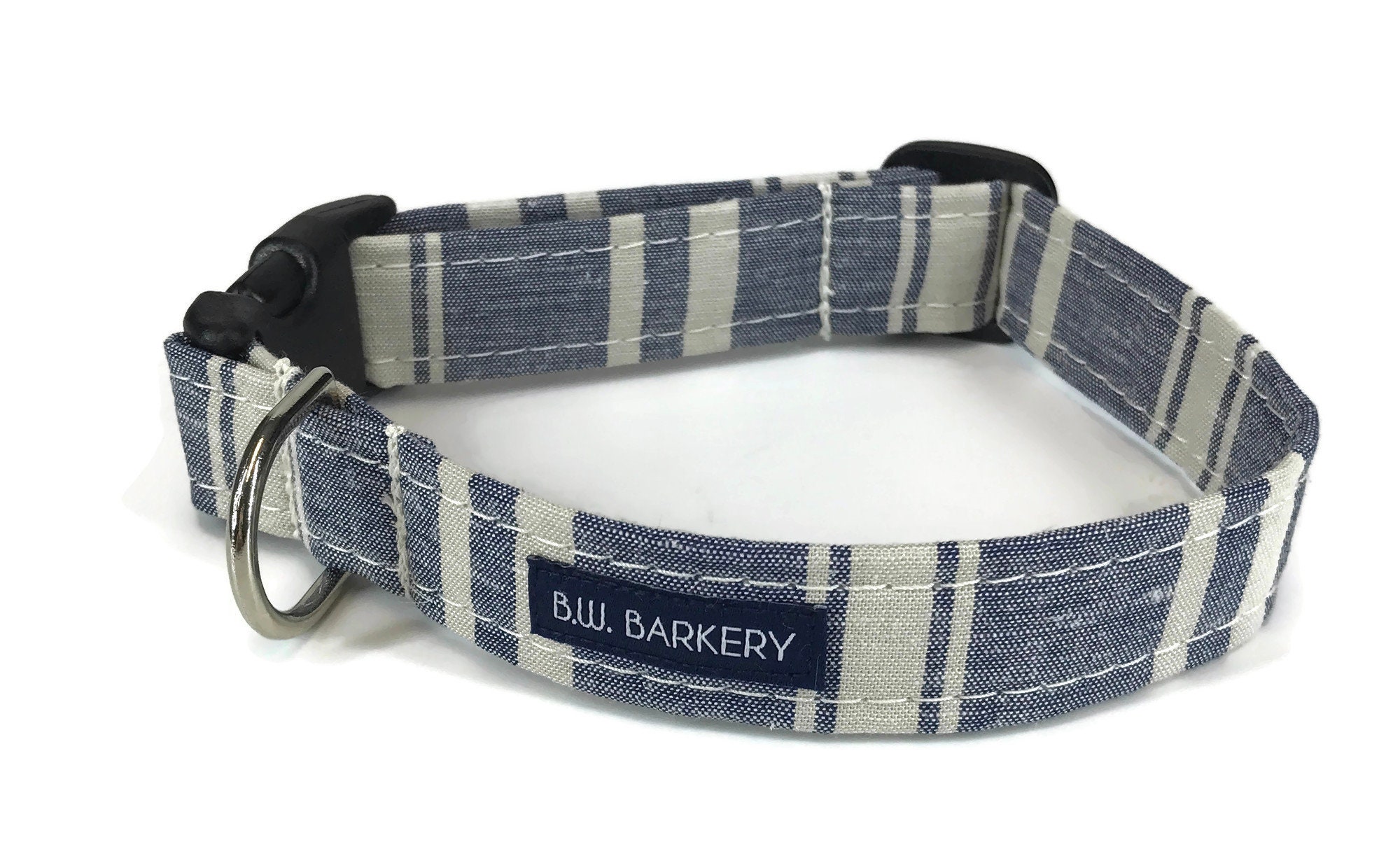 Dog collar in Indigo and Ecru Linen Stripe for Small to Large Dogs