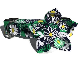 Dog Collar and Flower Set in Navy and Green Preppy Floral for Small to Large Dogs