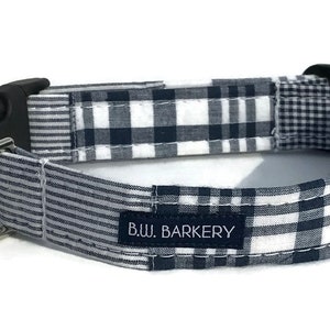 Madras Patchwork Plaid Dog Collar in Indigo and White