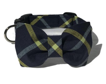 The Montauck  Dog Collar and Bow Tie Set in Navy Plaid