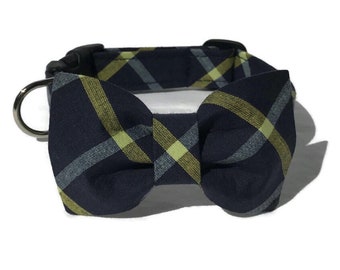 Navy Plaid  Dog Collar and Bow Tie Set for Small to Large Dogs -  The Montauck