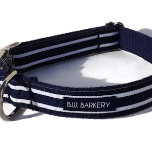 The Yacht Club Webbing Dog Collar in  Navy and White Stripe with Metal Buckle