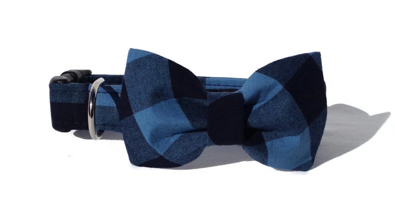 Blue and Black Buffalo Plaid Dog Collar and Bow Tie Set for Small to Large Dogs image 1