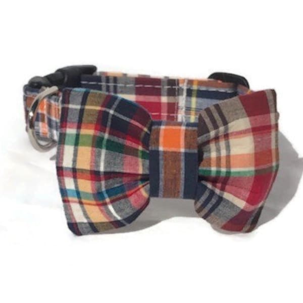 The Frat House Dog Collar and Bow Tie Set in Madras Patchwork Plaid