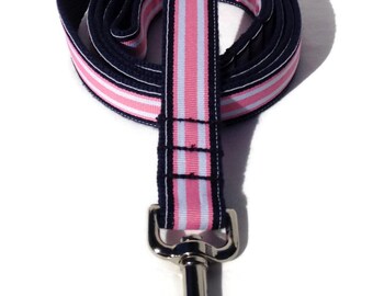 Webbing Dog Leash in Navy and Pink Stripe