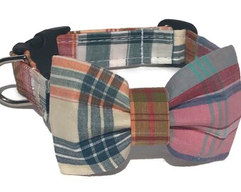 Madras Patchwork Plaid Dog Collar and Bow Tie Set for Small to Large Dogs - Summer Sunset Collar Set