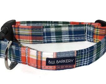 Summer Camp  Dog Collar in Madras Patchwork Plaid