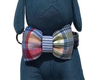 The Beach Club Dog Collar and Bow Tie Set in Madras Patchwork Plaid