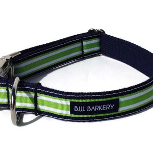 Webbing Dog Collar in Lime, White and Navy Stripe with Metal Buckle