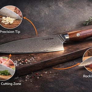 May include: A chef's knife with a patterned steel blade and a dark wood handle. The blade features the text "Gdoo". Three circular insets show the knife in use, highlighting the precision tip, primary cutting zone, and rocking motion.