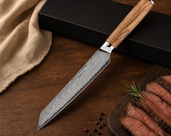 Personalized Damascus Slicing Knife, 8 Inch Olive Wood Handle, Brisket Carving (Gift Box)