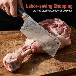 May include: A cleaver knife with a patterned blade is cutting through a raw piece of meat on a wooden cutting board. The knife has a black handle and the text "Labor-saving Chopping" is visible in the image.