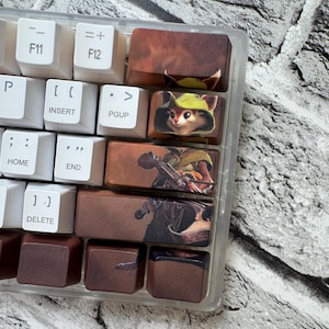 Può includere: Primo piano di una tastiera di computer con tasti personalizzati. I tasti presentano vari personaggi dei cartoni animati e schemi di colori marrone e bianco. La tastiera ha tasti bianchi con scritte nere.