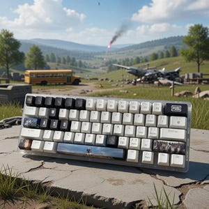 May include: A compact, white and black mechanical keyboard with custom keycaps. The keyboard features a variety of images and the word "PUBG" on the space bar. The keyboard is set on a stone surface with a scenic background of a field and sky.