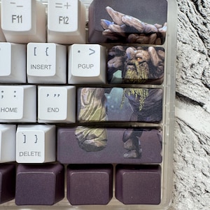 Può includere: Primo piano di una tastiera di computer con tasti personalizzati. I tasti presentano illustrazioni fantasy nelle tonalità del marrone, verde e viola. Sono visibili anche tasti bianchi standard, inclusi tasti funzione e navigazione.