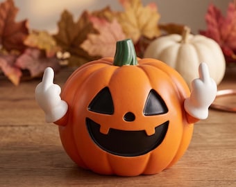 Funny Middle Finger Pumpkin Decor | Mini Orange Halloween Desk Accessory | Adult Gag Gift | Rude Spooky Tiered Tray Decor | Swear Pumpkin