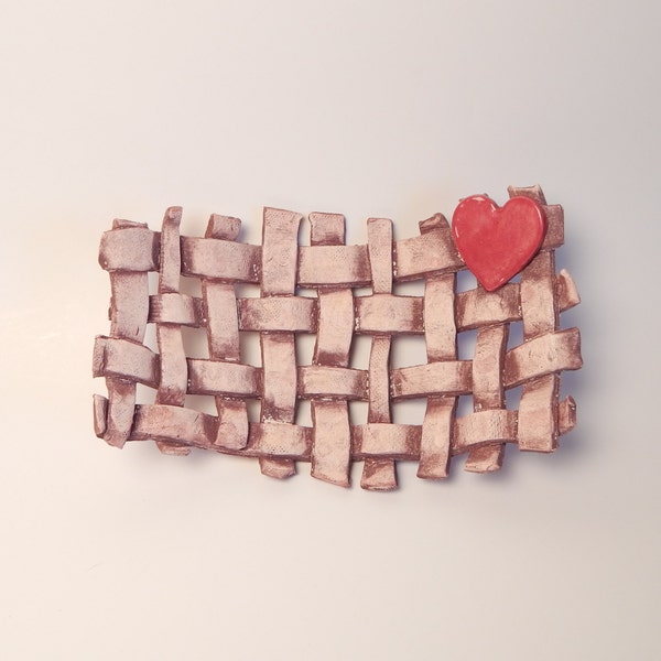 ON SALE Pretty handmade ceramic pottery with shiny red heart, woven pottery basket,  rustic pottery, handmade ceramic pottery
