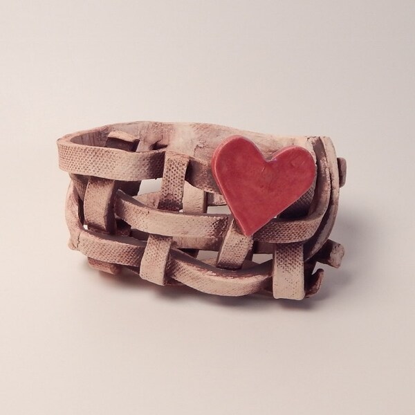 Pretty handmade ceramic pottery wall basket with shiny red heart, woven pottery basket,  rustic pottery, handmade ceramic pottery