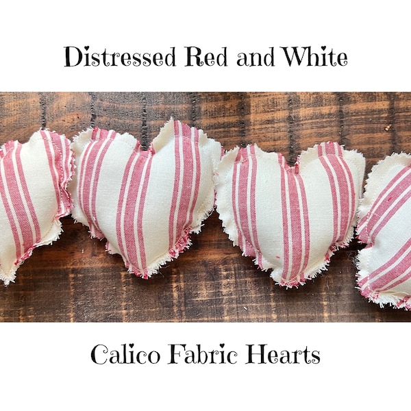 Calico Fabric Farmhouse Hearts/Distressed Red & White/Set of 4/Rustic+Vintage+Primitive Farmhouse Valentine Decor