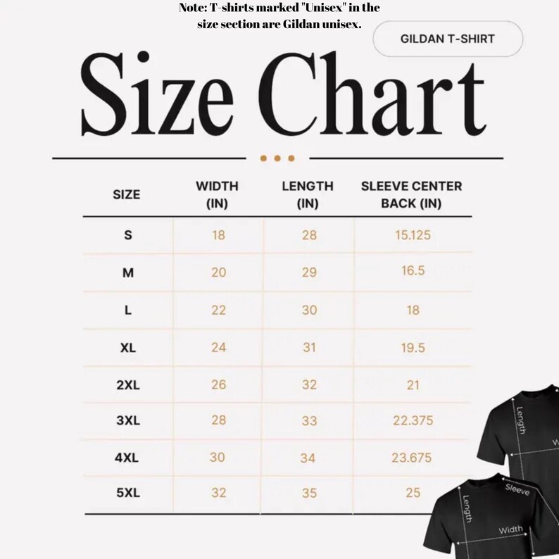 May include: A size chart for Gildan unisex t-shirts, with measurements in inches. The chart includes sizes S to 5XL, detailing width, length, and sleeve center back measurements. Text at the top reads "Size Chart" and "Gildan T-Shirt".