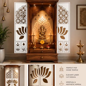 May include: A wooden home temple with intricate carvings and white laser-cut doors featuring lotus and geometric designs. The temple houses a golden statue of a deity, lit by candles and lamps, creating a spiritual ambiance.