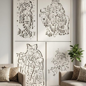 May include: A large, off-white wall art piece featuring four panels with intricate cut-out designs of Hindu deities. The artwork depicts figures playing flutes and embracing, with detailed patterns and a light colour palette. The art is displayed above a sofa.