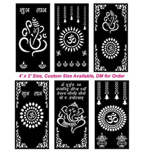 May include: Black and white laser-cut panels featuring religious symbols and text. The panels display images of deities, the Om symbol, and other decorative elements. The text includes "Shubh Labh" and other script. The panels are approximately 4 feet by 2 feet.