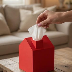 May include: A bright red, house-shaped tissue box with a chimney detail. The box is made of solid material and sits on a wooden table. A hand is reaching in to grab a white tissue from the top opening. The background includes a sofa and a lamp.