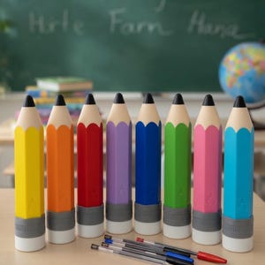 May include: Seven brightly coloured pencil-shaped containers in yellow, orange, red, purple, blue, green, pink, and turquoise. Each has a black tip and a grey eraser base. Pens are in front of the containers. A chalkboard is in the background.
