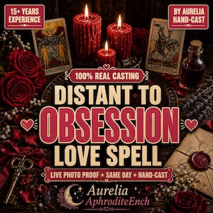 May include: A display featuring three red candles, two tarot cards titled The Lovers and Knight of Cups, red roses, a vintage key, and a wax-sealed envelope. Text reads: 15+ YEARS EXPERIENCE, BY AURELIA HAND-CAST, 100% REAL CASTING, DISTANT TO OBSESSION LOVE SPELL.