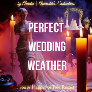 May include: An image promoting weddings, with the text "PERFECT WEDDING WEATHER." It shows a statue, a wedding dress, and a floral arch. Lit candles and a smoky background create a romantic atmosphere. The text "100% Happy or Free Recast" is at the bottom.