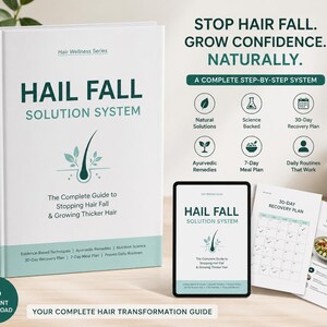 Könnte beinhalten: Ein weißes Buch mit dem Titel "HAIL FALL SOLUTION SYSTEM" mit dem Text: "Der komplette Leitfaden zum Stoppen des Haarausfalls und zum Wachsen von dickerem Haar." Gezeigt werden auch ein Tablet und zwei bedruckte Seiten mit demselben Titel. Der Text lautet "STOP HAIR FALL. GROW CONFIDENCE. NATÜRLICH."