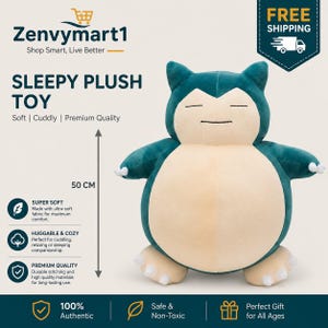 May include: A plush toy in the shape of a large, round, teal and cream-colored creature with closed eyes. The toy is approximately 19.7 inches tall and is labeled as "Sleepy Plush Toy". The image also includes text about the toy's features.