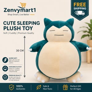 May include: A plush toy in the shape of a sleeping cartoon character. The toy is teal and cream-colored, measuring 30 cm in height. The text on the image says "Cute Sleeping Plush Toy". The toy is advertised as soft, cuddly, and premium quality.