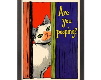 Lámina para baño con temática de gato curioso / Arte retro con humor extravagante para el baño