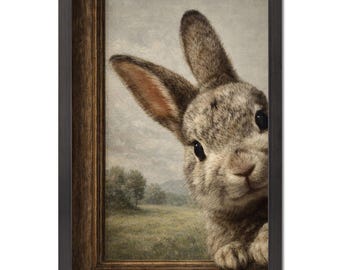 Peeking Bunny Wall Art | Vintage Rabbit Print, Black Framed Nursery Decor