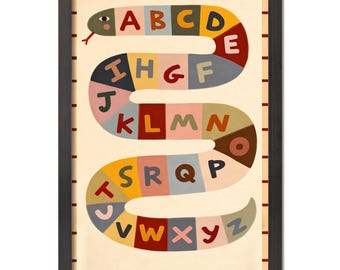 Alphabet Snake Print | Colorful ABC Poster, Nursery Decor (Black Framed)