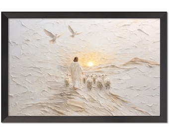 Jesus Shepherd with Sheep Canvas Print | Religious Wall Art | Modern White Landscape Home Decor