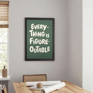 May include: A framed print with the text "EVERYTHING is FIGURE-OUTABLE" in white on a green background. The black frame hangs on a light gray wall. A wooden table and chair are in the foreground.