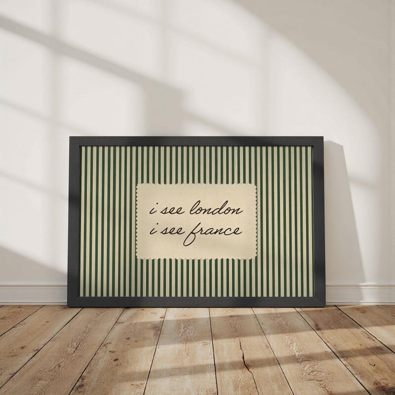 Lámina vintage "Veo Londres, Francia", cuadro retro de rayas verdes para la pared del baño. imagen 3