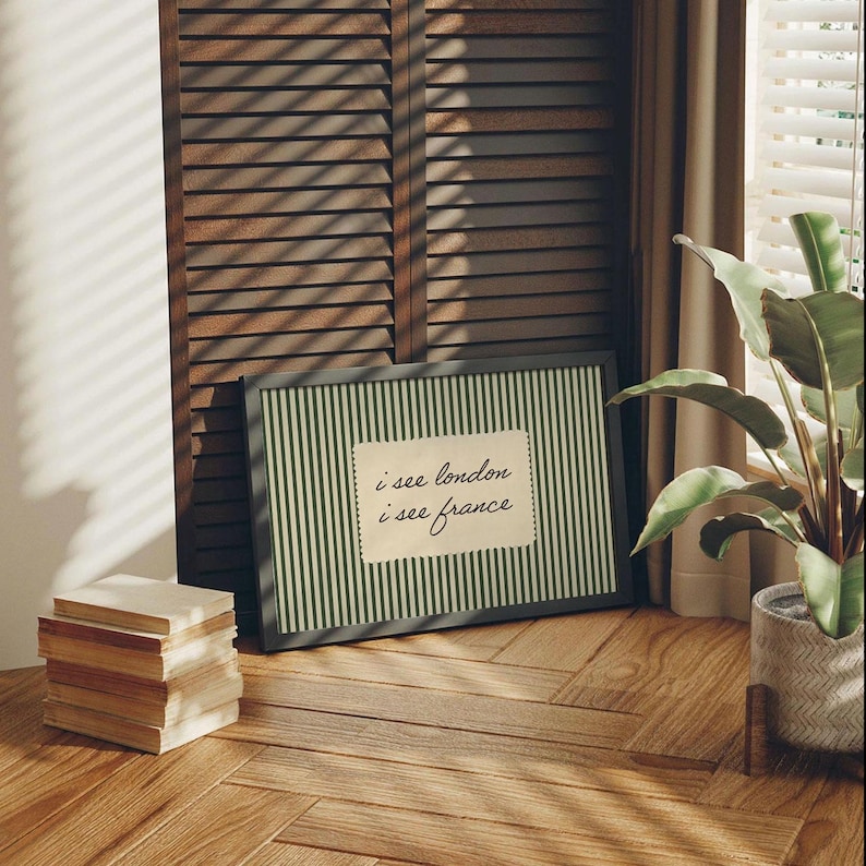 Lámina vintage "Veo Londres, Francia", cuadro retro de rayas verdes para la pared del baño. imagen 4