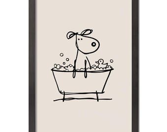 Dog in Bathtub Line Art Print | Minimalist Bathroom Wall Decor, Black Framed