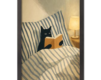 Black Cat Reading Print | Cozy Bed Wall Art | Book Lover Illustration