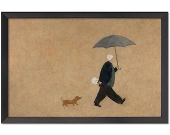 Abstract Papa and Puppy Oil Painting | Man Walking Dog Neutral Wall Art