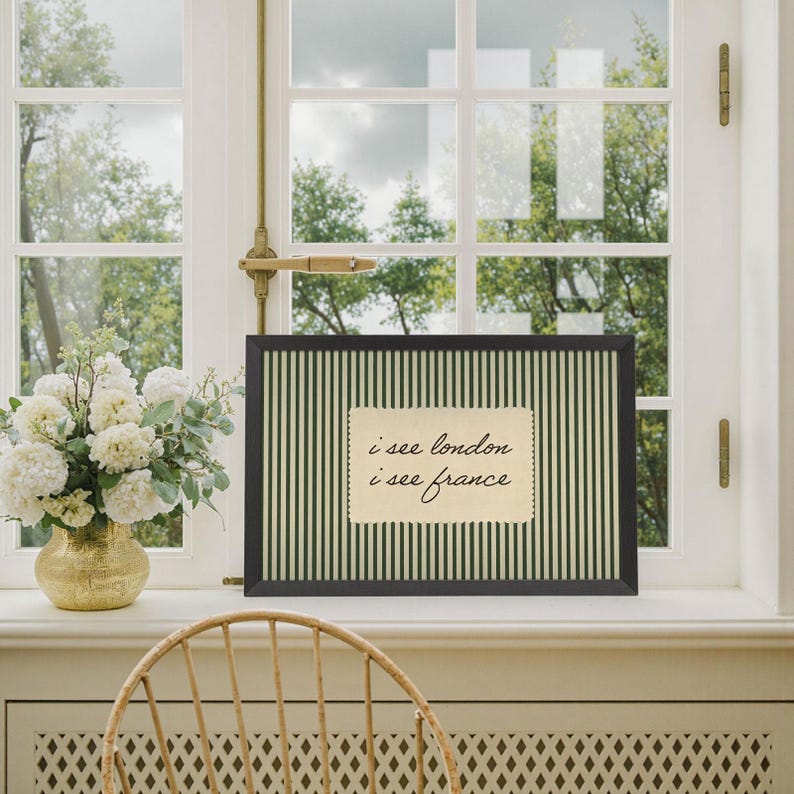 Lámina vintage "Veo Londres, Francia", cuadro retro de rayas verdes para la pared del baño. imagen 5