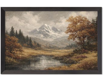 Pintura vintage de paisaje fluvial / Arte mural de otoño melancólico (marco negro)