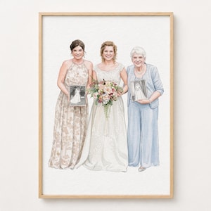 May include: Watercolour portrait of three women in a wooden frame. The central figure wears a white wedding dress and holds a bouquet. The other two women hold framed photos. The frame is a light brown colour.